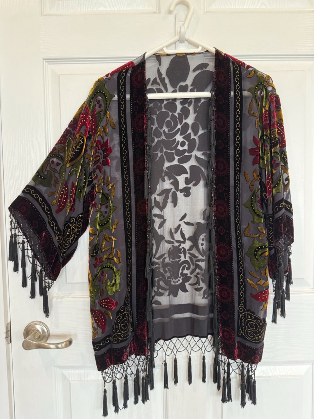 Bohemian Velvet Burnout Beaded Tassel Fringe Kimono Open Front